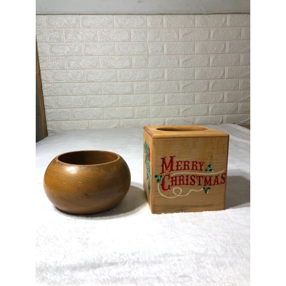 Set 2 Vtg Wood Christmas Tissue Box Cover 6" & Turned Bowl 7" Decor Cottagecore